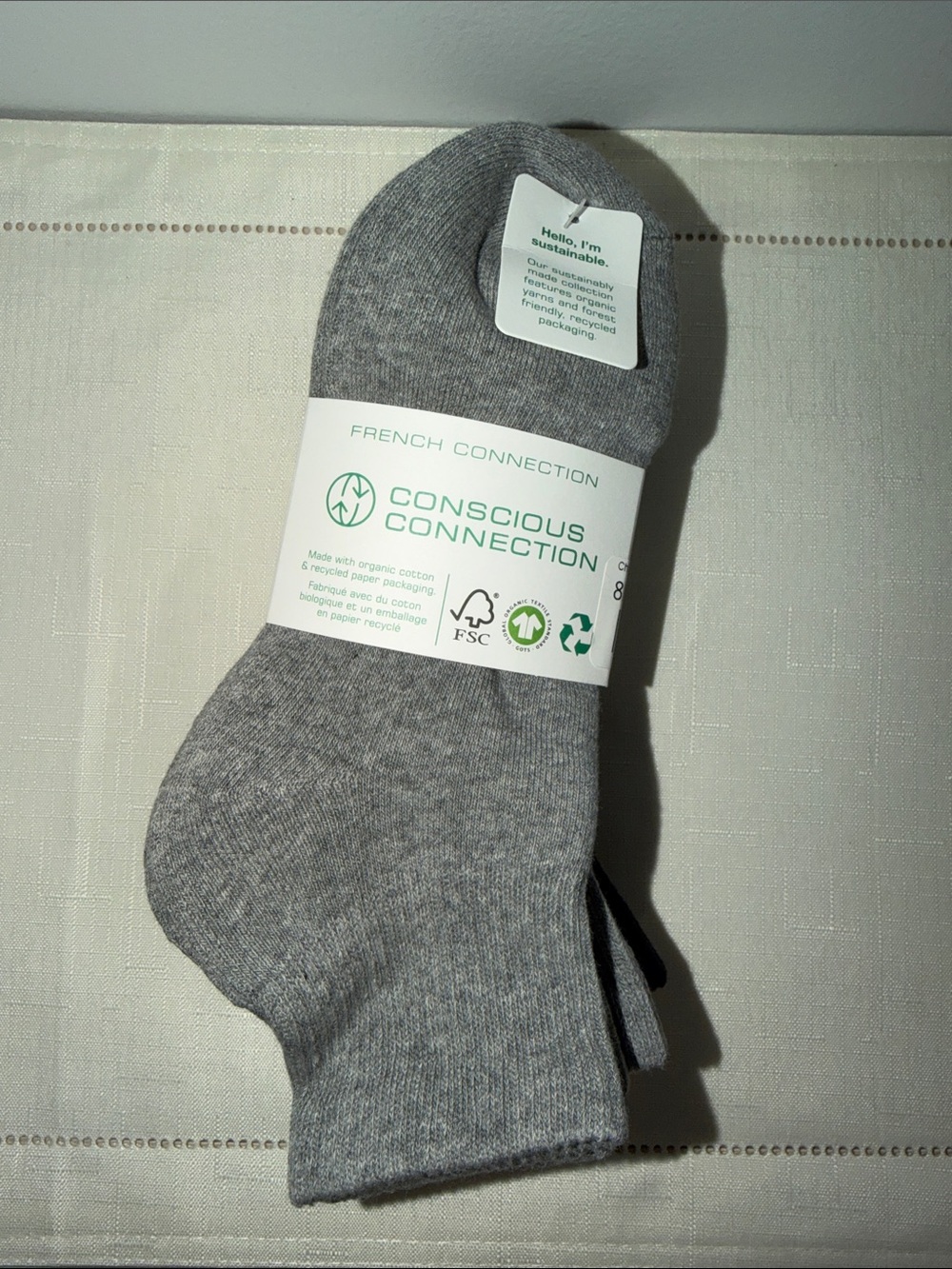 French Connection 5pk White Heather Silver Black Organic Cotton Blend Knit Socks